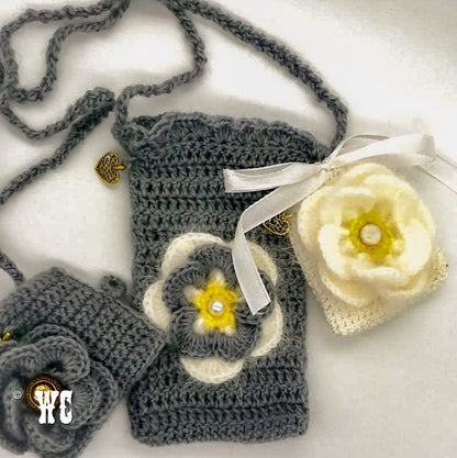 Hand Crochet Cross Body Bag with Angora Flower